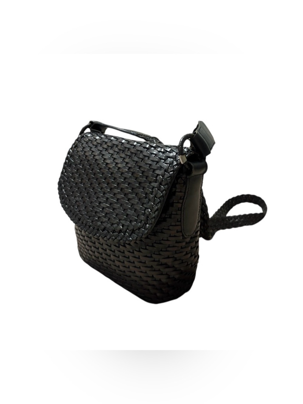 VECCHI black leather Woven Flap Crossbody Bag